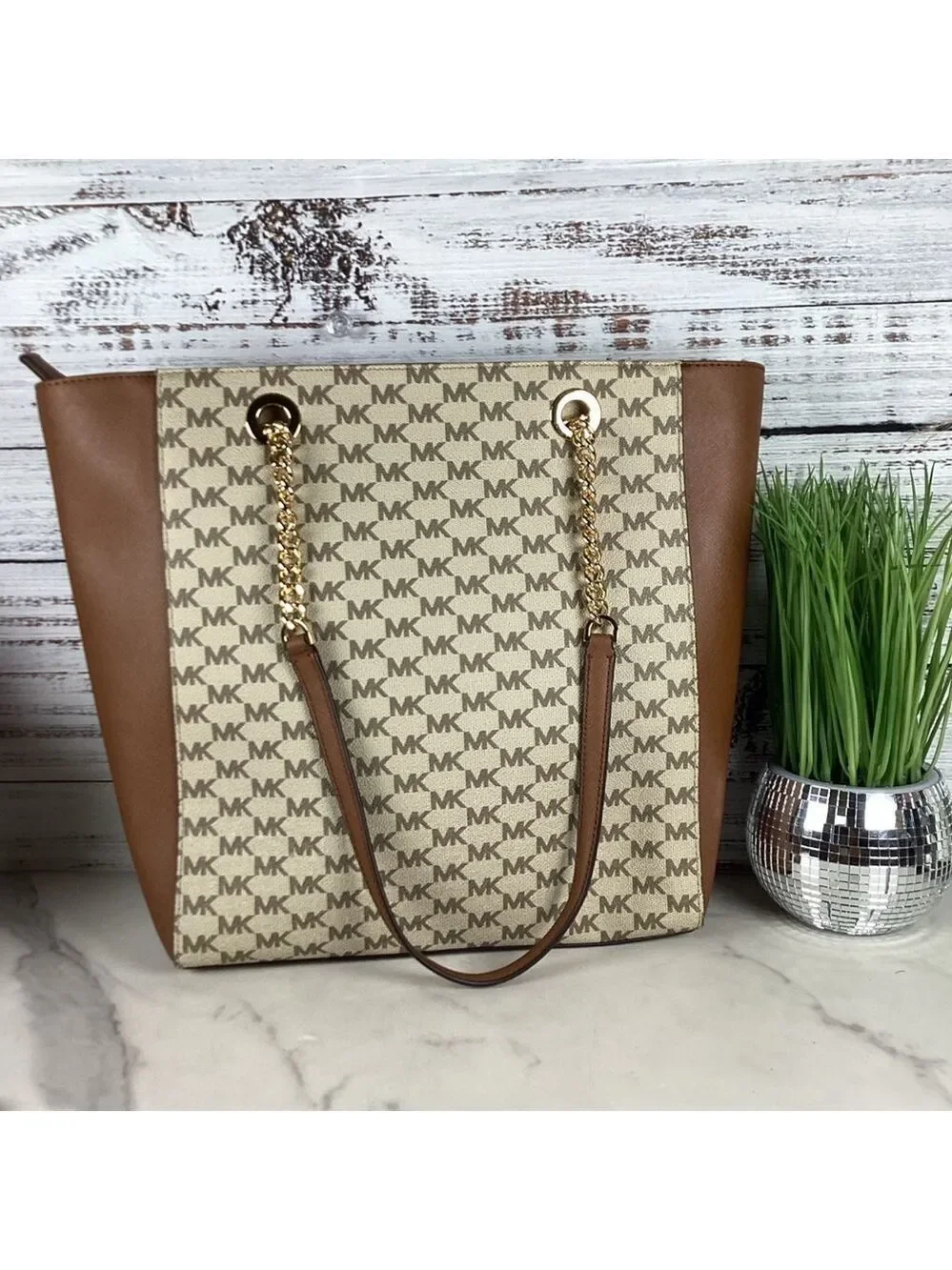 Michael‎ Kors Jet Set Chain Large work Tote Bag Brown tan signature laptop NWT